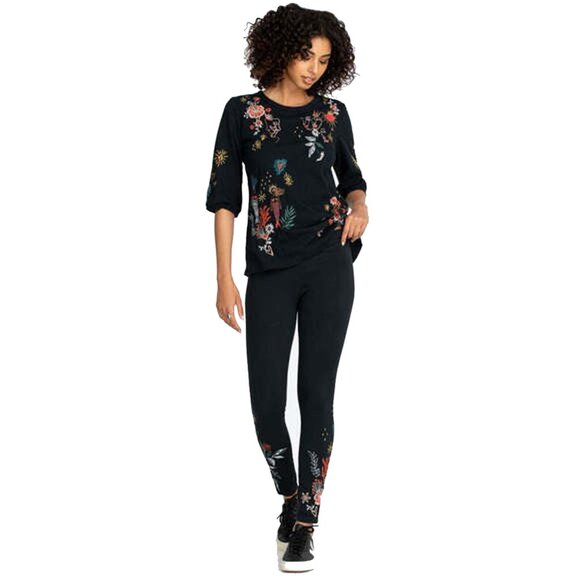 Johnny Was Ruth Puff Sleeve Floral Embroidered Tee Cotton Shirt Black Top NEW - Picture 5 of 7